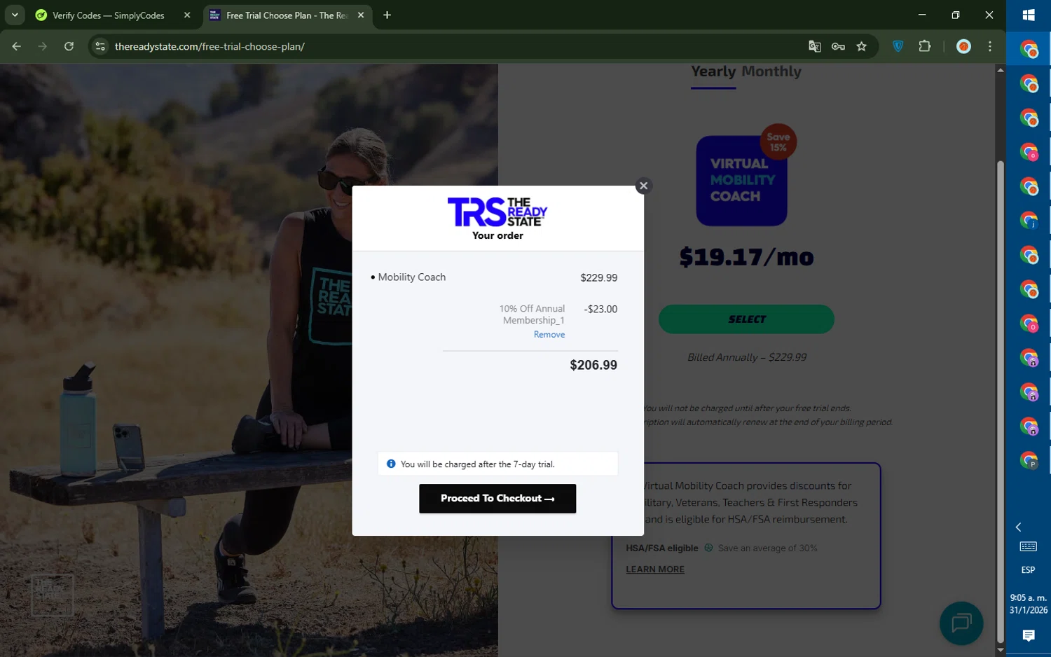The Ready State coupon code screenshot showing code NCFIT10 applied at The Ready State checkout page. Uploaded by SimplyCodes community member DealTiger9869 on Jan 31, 2026