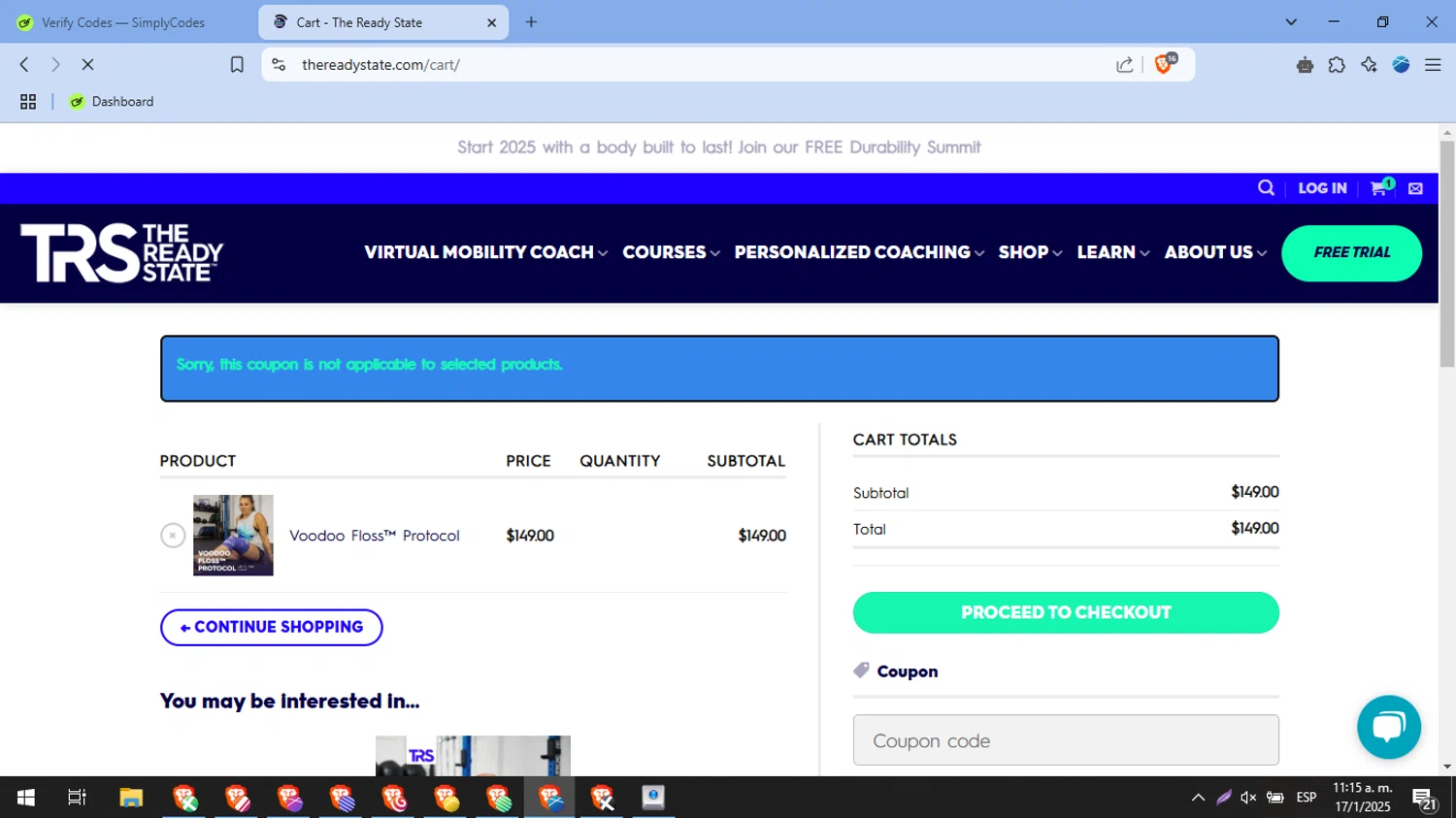 The Ready State coupon code screenshot showing code pod20 applied at The Ready State checkout page. Uploaded by SimplyCodes community member tulomalkovich on Jan 17, 2025