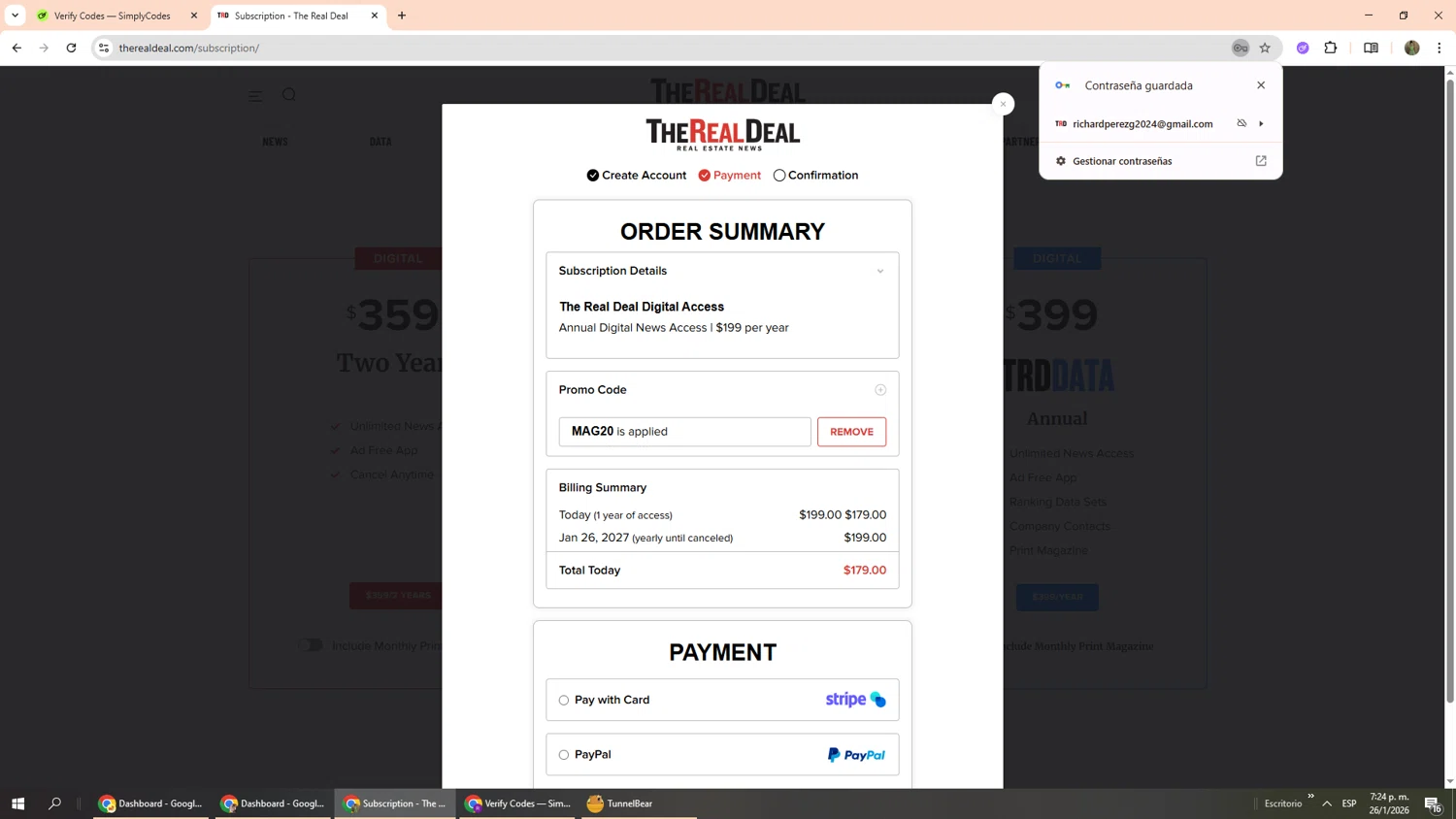 The Real Deal promo code screenshot showing code MAG20 applied at The Real Deal checkout page. Uploaded by SimplyCodes community member Phoenix585 on Jan 26, 2026