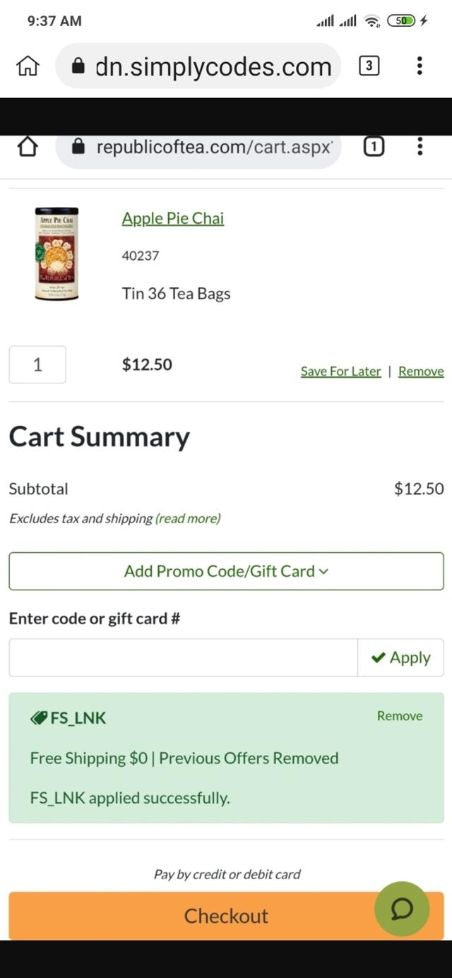 The Republic of Tea checkout page showing The Republic of Tea promo code box | Screenshot taken by SimplyCodes community member on Nov 22, 2021