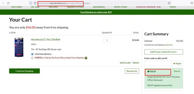 The Republic of Tea checkout page showing The Republic of Tea promo code box | Screenshot taken by SimplyCodes community member on May 19, 2022