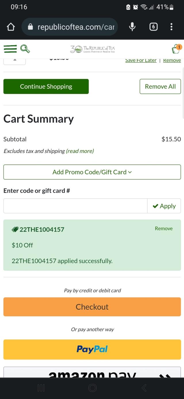 The Republic of Tea checkout page showing The Republic of Tea promo code box | Screenshot taken by SimplyCodes community member on Sep 16, 2022