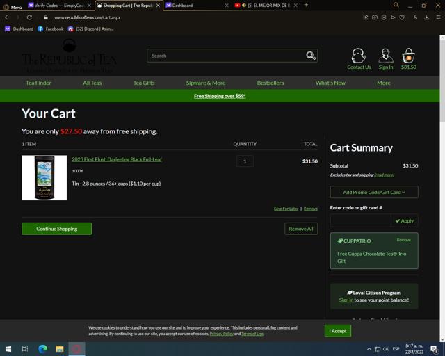 The Republic of Tea checkout page showing The Republic of Tea promo code box | Screenshot taken by SimplyCodes community member on Apr 22, 2023