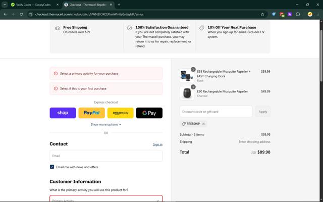 Thermacell checkout page showing Thermacell discount code box | Screenshot taken by SimplyCodes community member on Sep 12, 2025