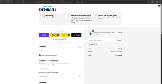Thermacell checkout page showing Thermacell discount code box | Screenshot taken by SimplyCodes community member on Sep 4, 2025