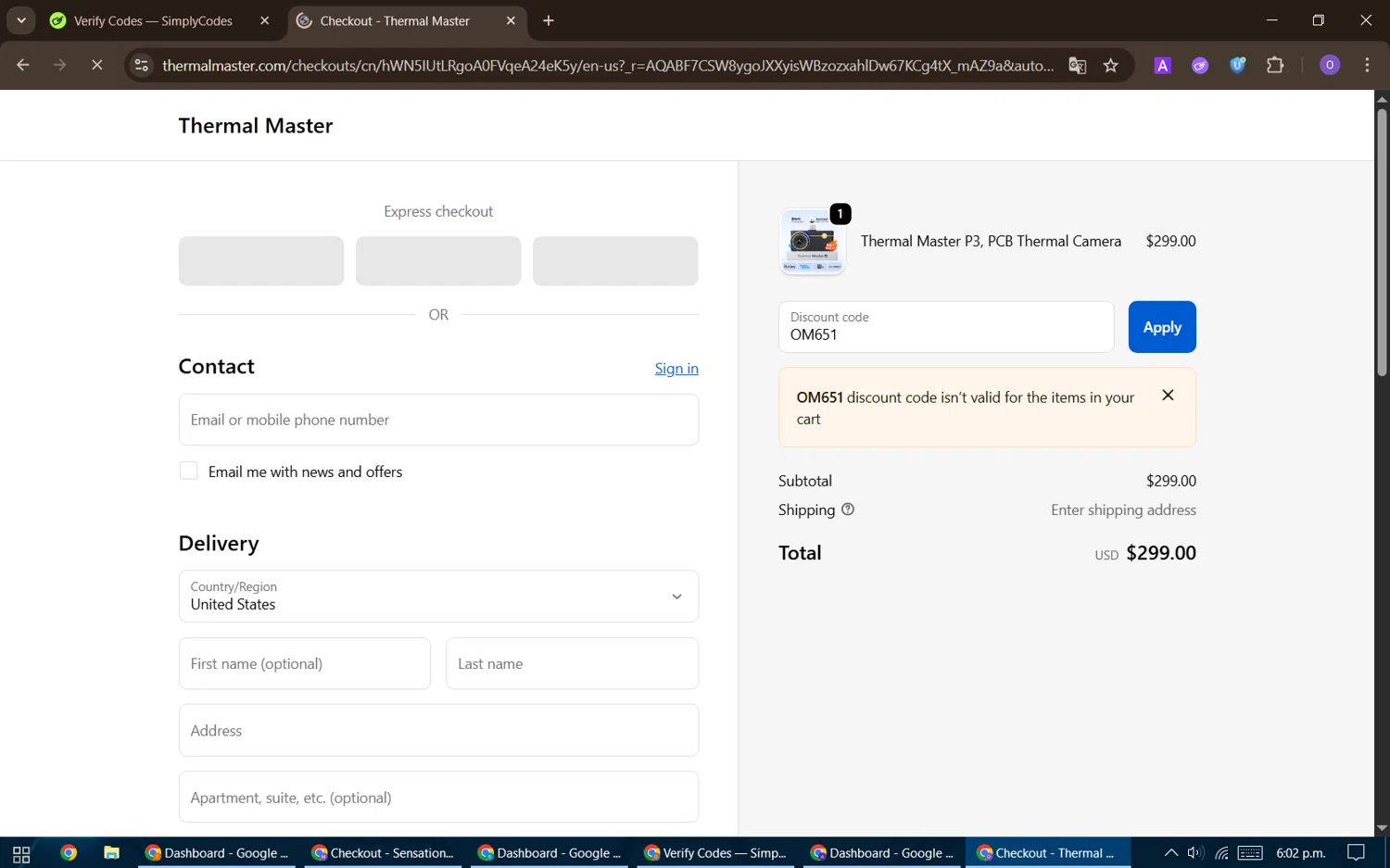 ThermalMaster promo code screenshot showing code OM651 applied at ThermalMaster checkout page. Uploaded by SimplyCodes community member BudgetHawk9503 on Nov 14, 2025