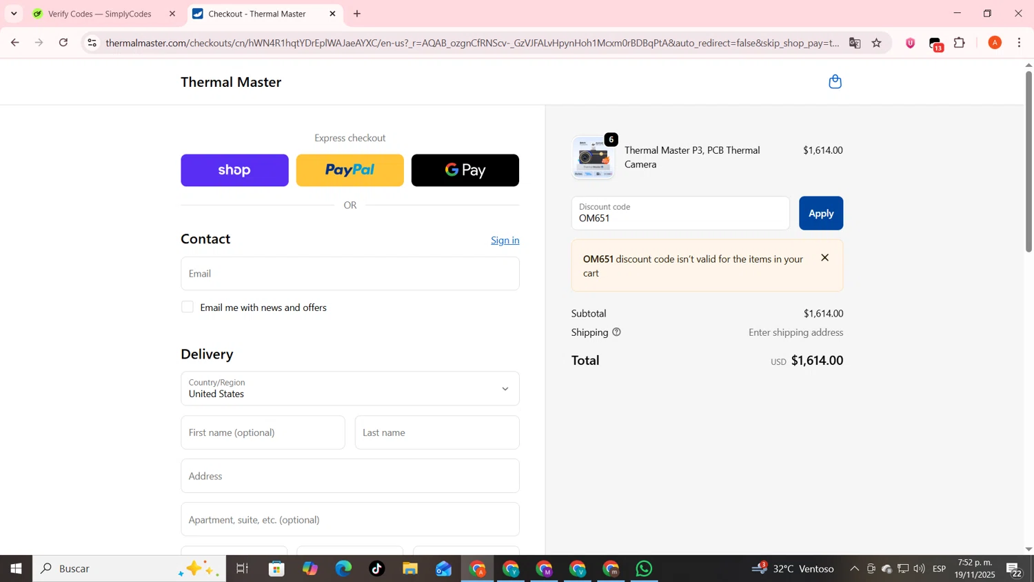 ThermalMaster promo code screenshot showing code OM651 applied at ThermalMaster checkout page. Uploaded by SimplyCodes community member FrugalSentinel6206 on Nov 19, 2025