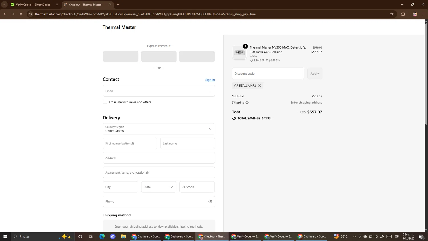 ThermalMaster promo code screenshot showing code REALSAMP2 applied at ThermalMaster checkout page. Uploaded by SimplyCodes community member El_mynor on Dec 5, 2025