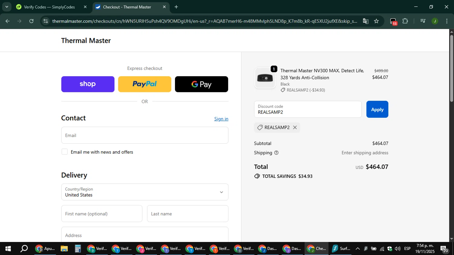 ThermalMaster promo code screenshot showing code REALSAMP2 applied at ThermalMaster checkout page. Uploaded by SimplyCodes community member ShieldFinder369 on Nov 19, 2025