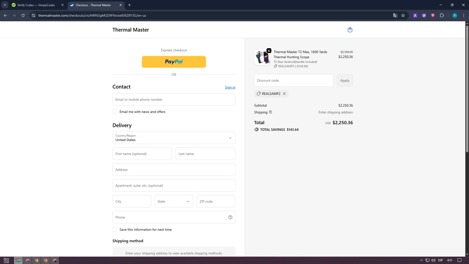 ThermalMaster promo code screenshot showing code REALSAMP2 applied at ThermalMaster checkout page. Uploaded by SimplyCodes community member WonderExpert4236 on Oct 3, 2025