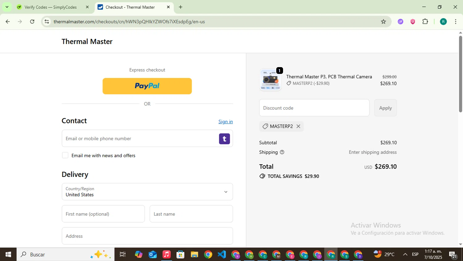 ThermalMaster promo code screenshot showing code masterp2 applied at ThermalMaster checkout page. Uploaded by SimplyCodes community member SavingsLegend387 on Oct 7, 2025