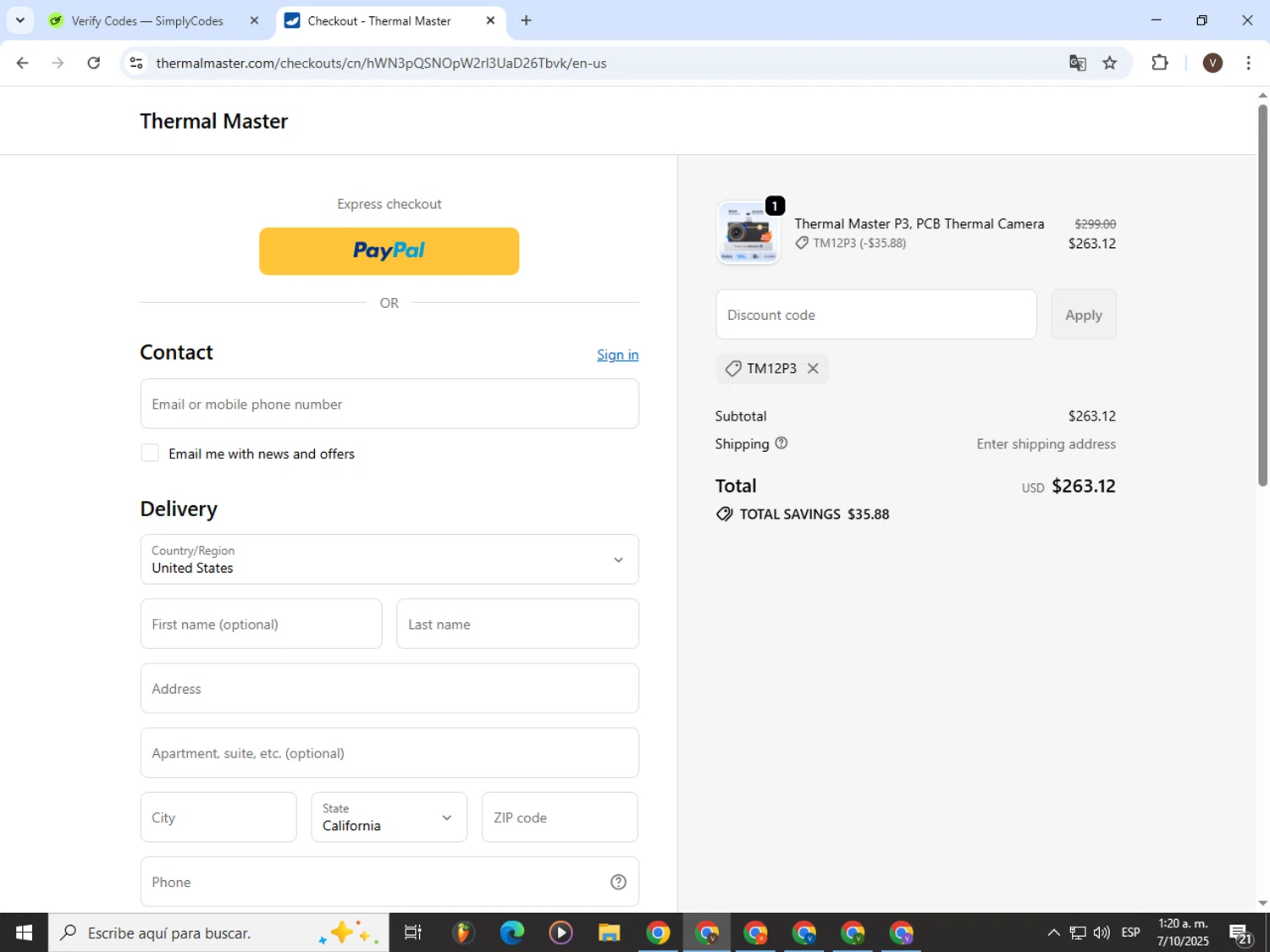 ThermalMaster promo code screenshot showing code TM12P3 applied at ThermalMaster checkout page. Uploaded by SimplyCodes community member CashLion3448 on Oct 7, 2025