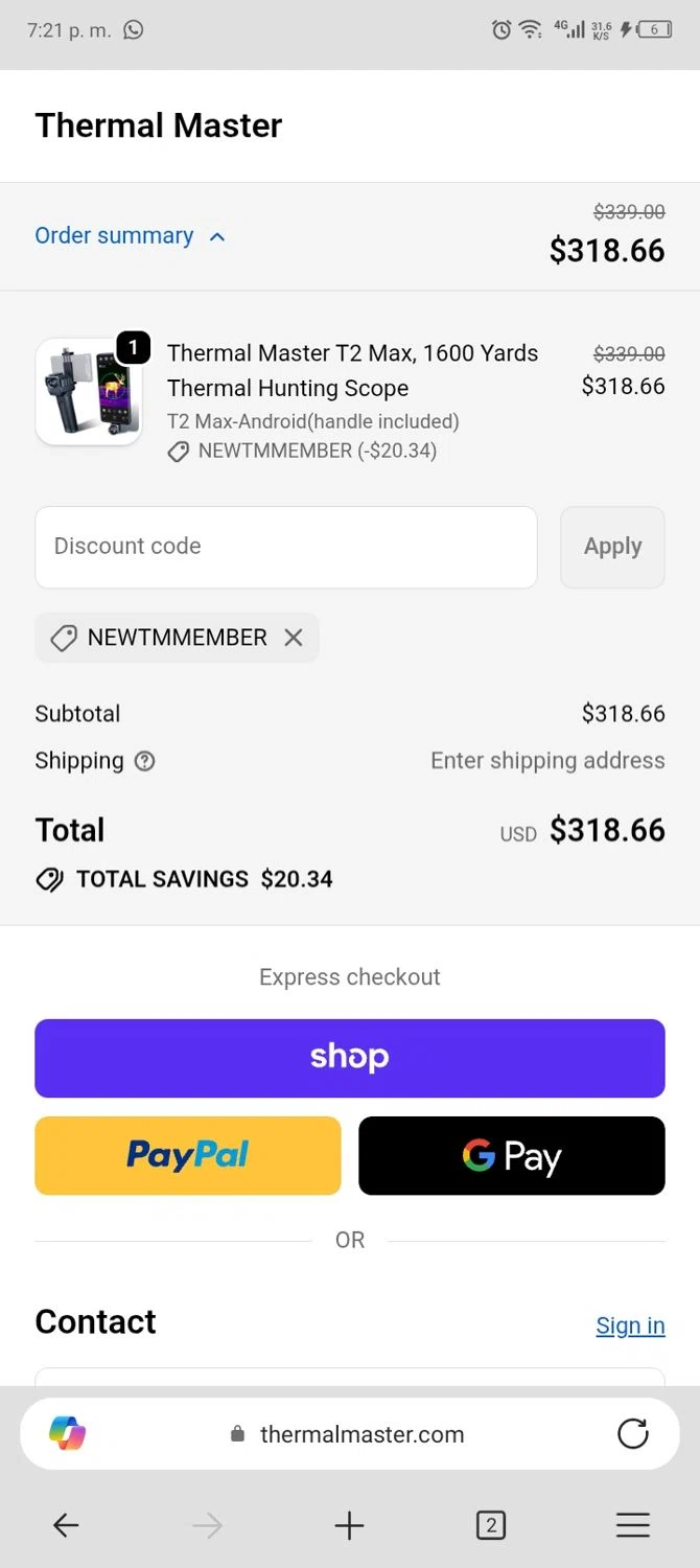 ThermalMaster promo code screenshot showing code NewTMmember applied at ThermalMaster checkout page. Uploaded by SimplyCodes community member Enmanuel17 on Nov 24, 2025
