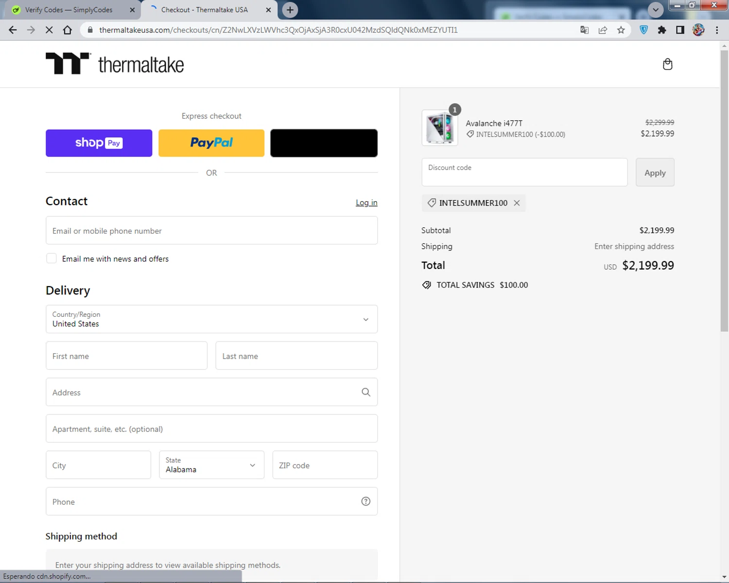 Thermaltake USA checkout page showing Thermaltake USA promo code box | Screenshot taken by SimplyCodes community member on Jun 13, 2024
