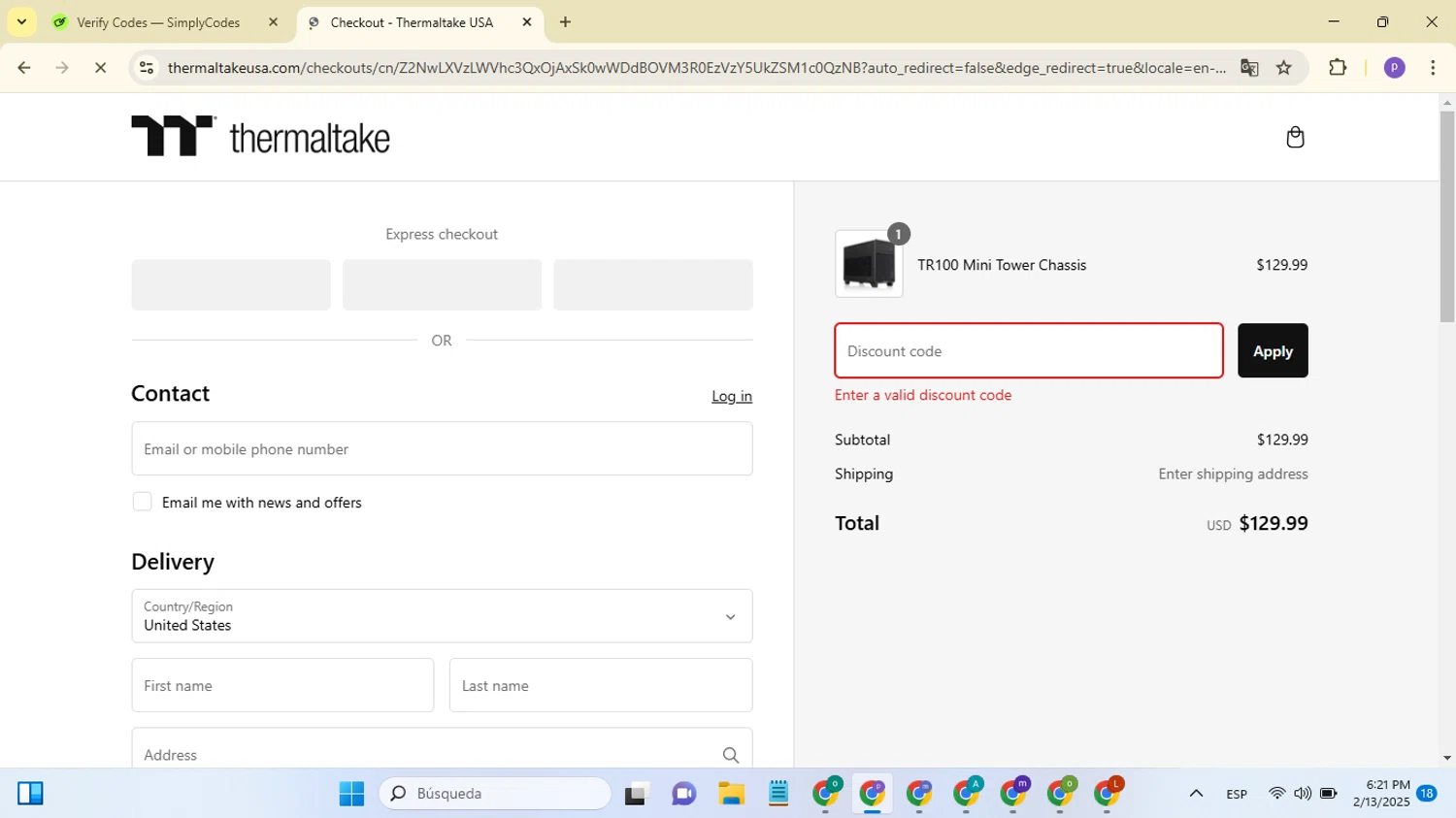 Thermaltake USA promo code screenshot showing code Treat50 applied at Thermaltake USA checkout page. Uploaded by SimplyCodes community member MoneyGenius4709 on Feb 14, 2025