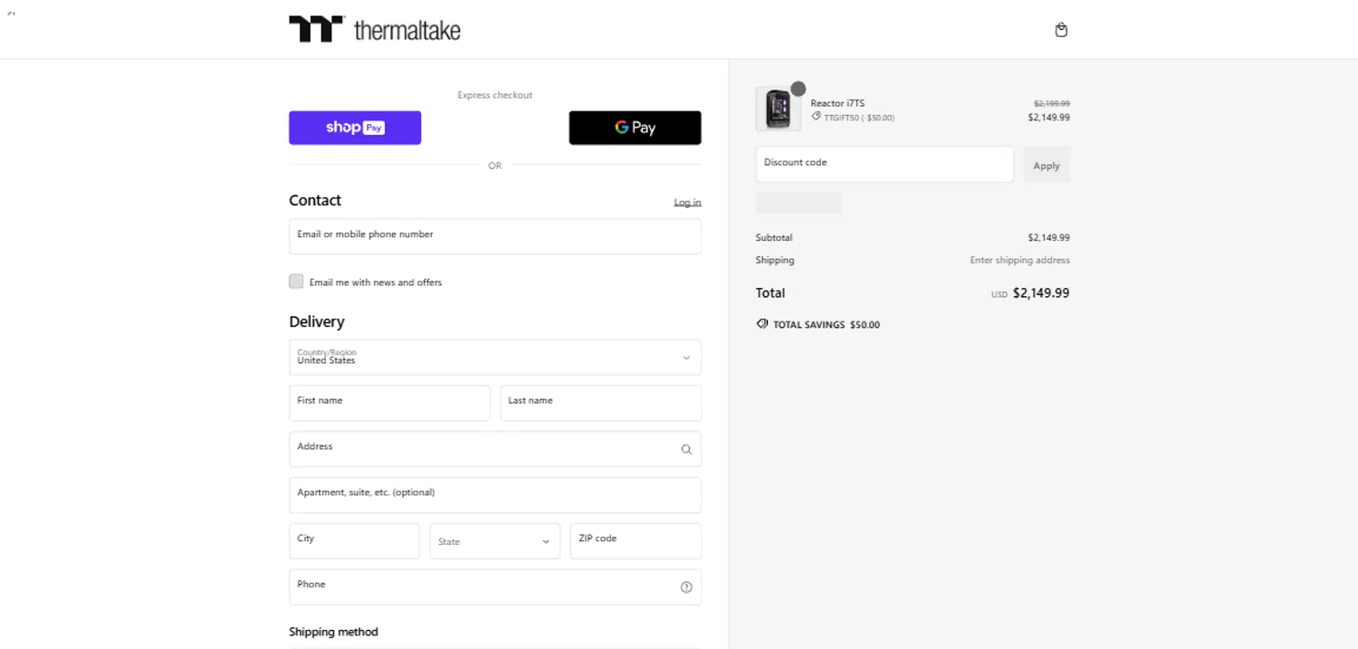 Thermaltake USA promo code screenshot showing code TTGIFT50 applied at Thermaltake USA checkout page. Uploaded by SimplyCodes community member MoneySpotter8220 on Dec 30, 2024