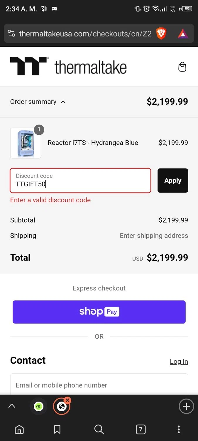 Thermaltake USA promo code screenshot showing code TTGIFT50 applied at Thermaltake USA checkout page. Uploaded by SimplyCodes community member BonusShopper4099 on Jan 9, 2025