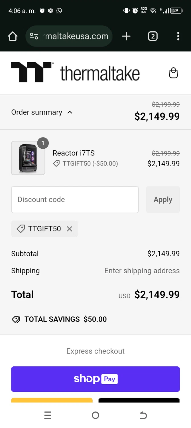 Thermaltake USA checkout page showing Thermaltake USA promo code box | Screenshot taken by SimplyCodes community member on Dec 20, 2024