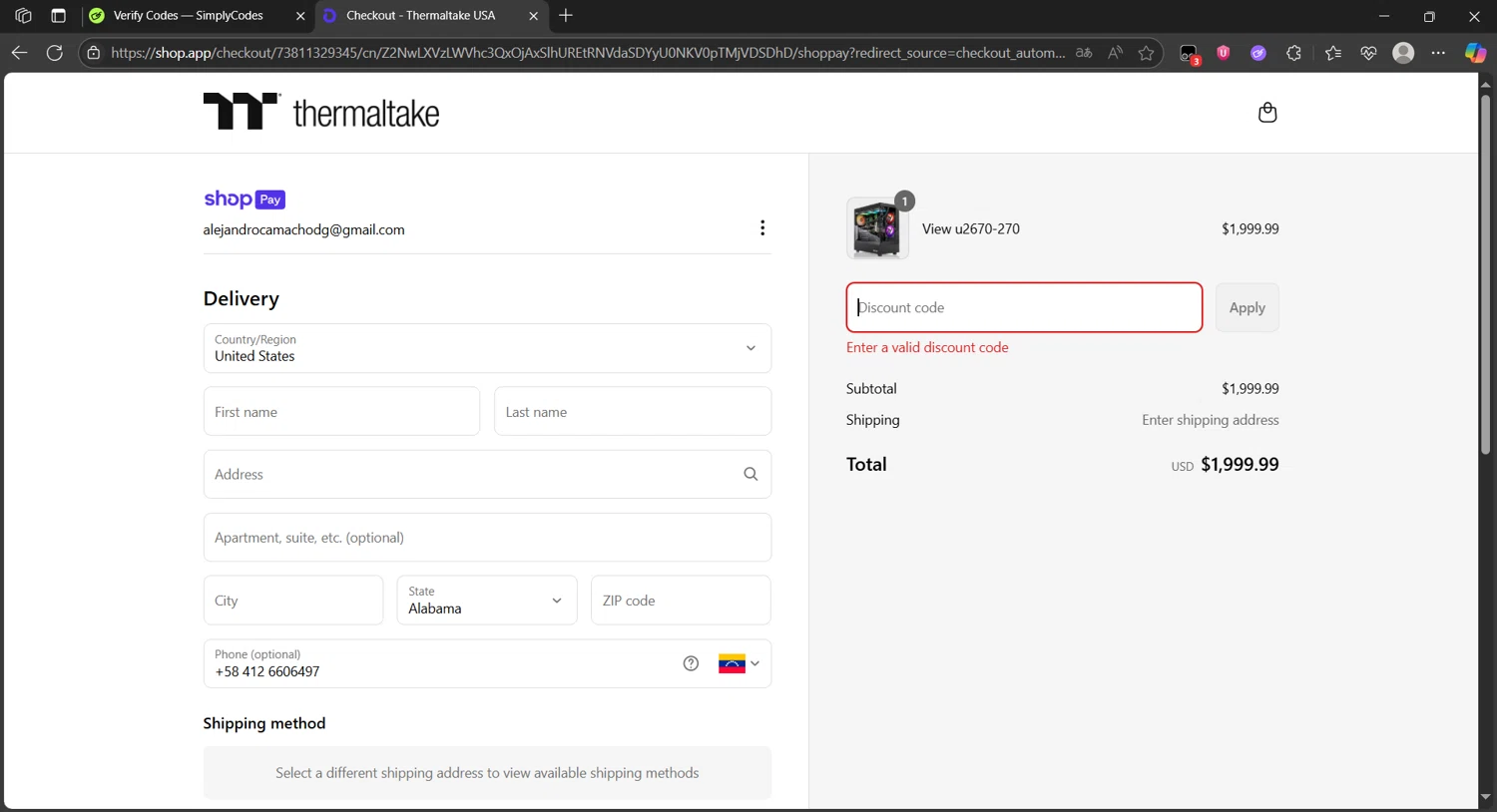 Thermaltake USA promo code screenshot showing code TTMEMORIAL300 applied at Thermaltake USA checkout page. Uploaded by SimplyCodes community member Eltoro20 on Jun 15, 2025