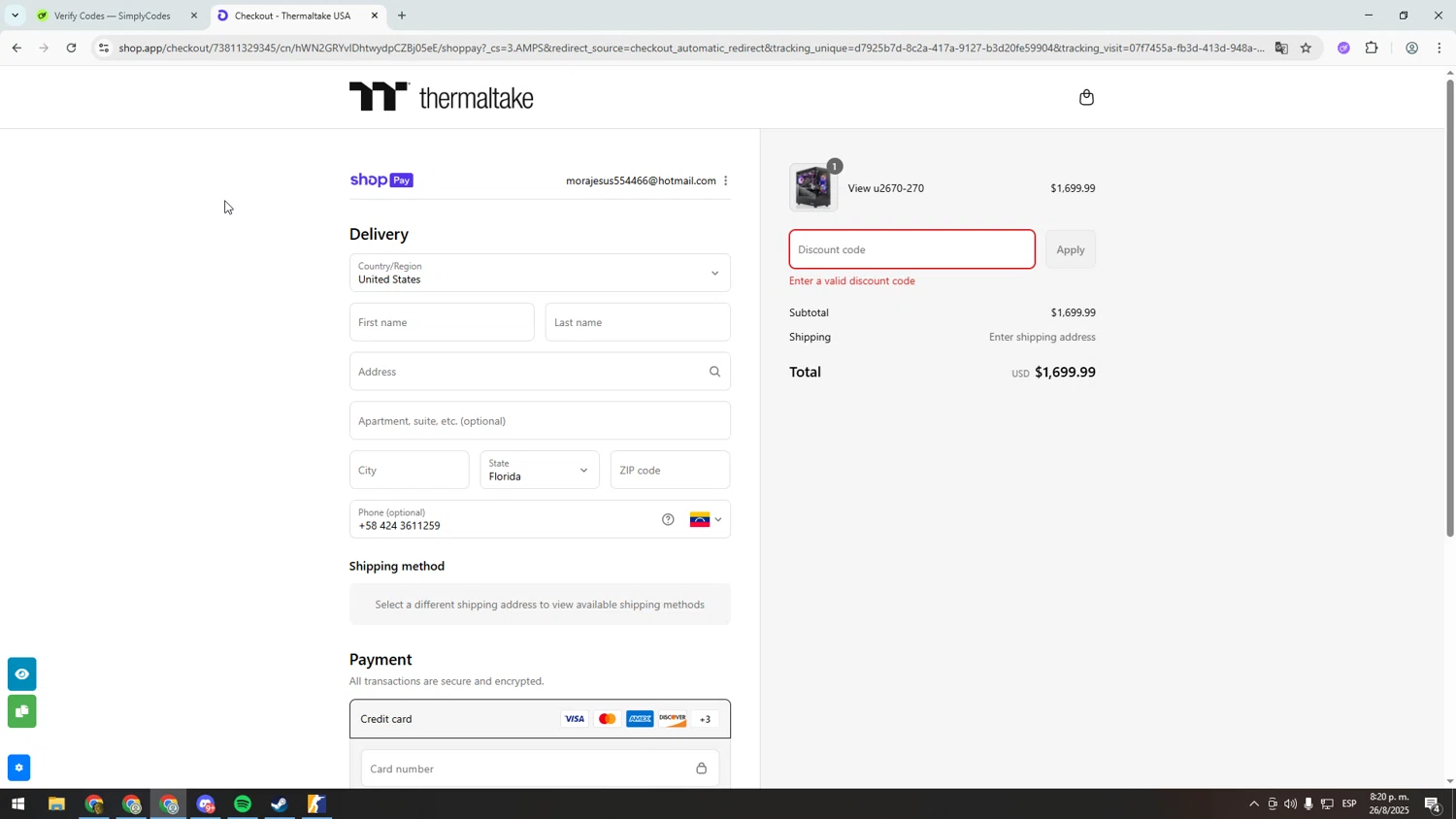 Thermaltake USA promo code screenshot showing code TT4SCHOOL100 applied at Thermaltake USA checkout page. Uploaded by SimplyCodes community member asdasdasd on Aug 27, 2025