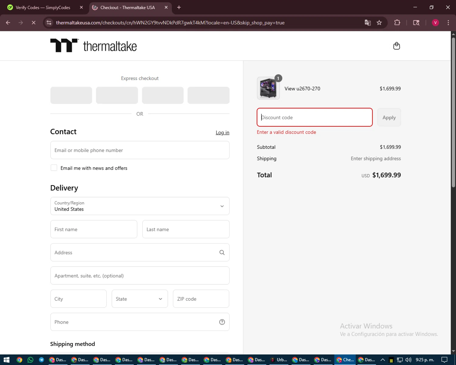 Thermaltake USA promo code screenshot showing code TT4SCHOOL100 applied at Thermaltake USA checkout page. Uploaded by SimplyCodes community member ShieldEagle6102 on Aug 27, 2025