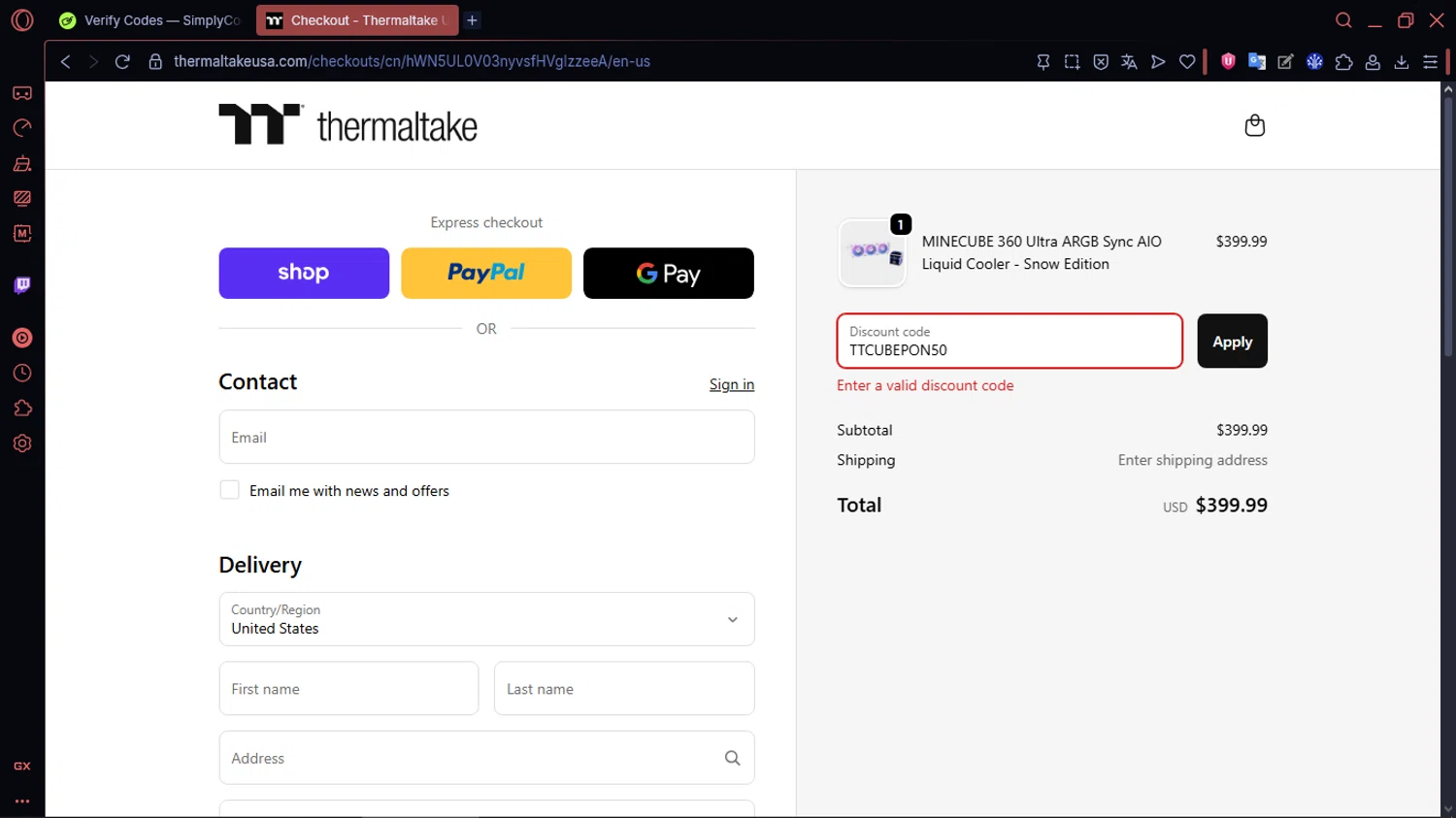 Thermaltake USA promo code screenshot showing code TTCUBEPON50 applied at Thermaltake USA checkout page. Uploaded by SimplyCodes community member MoneySentinel1166 on Nov 19, 2025