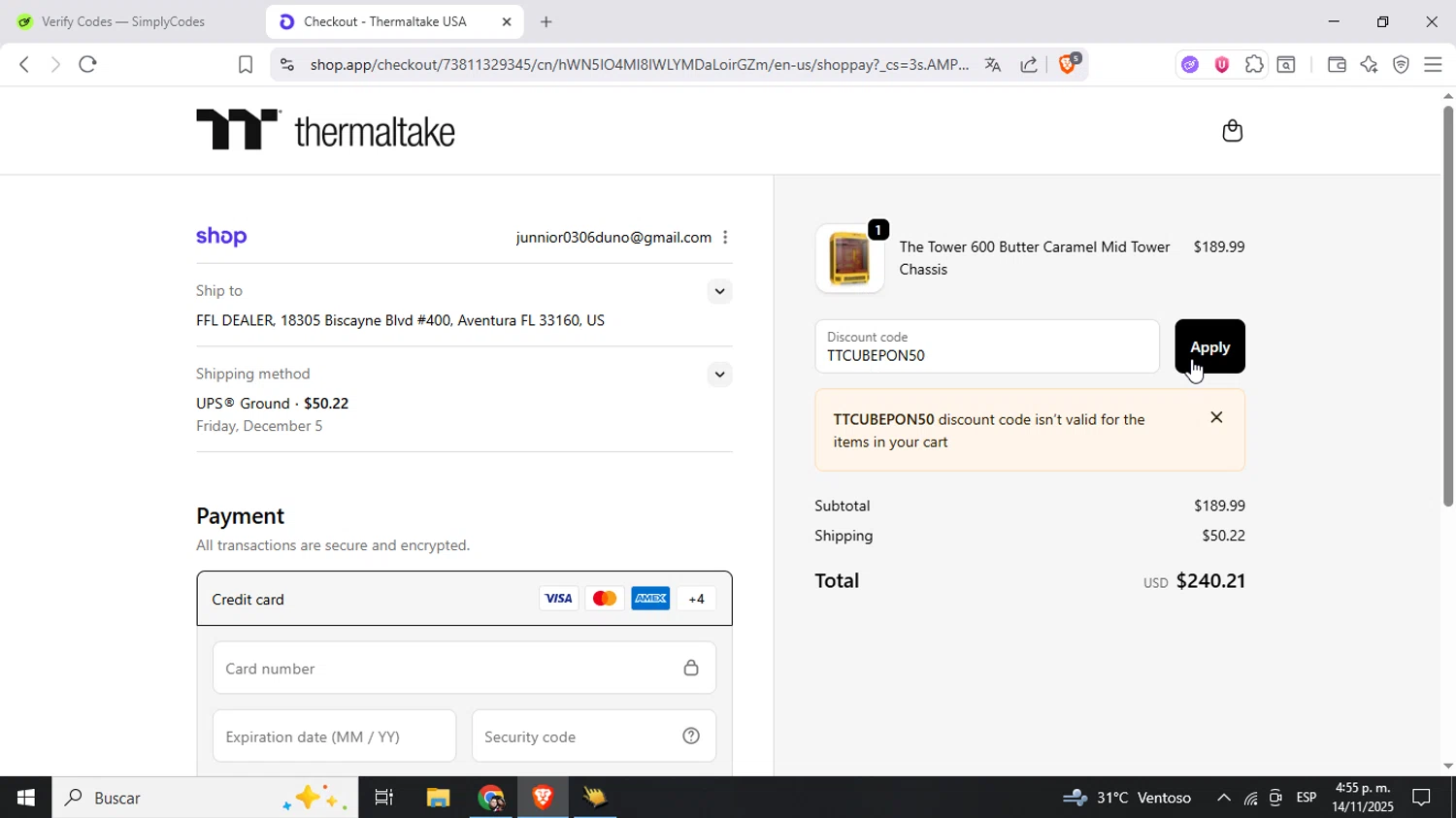 Thermaltake USA promo code screenshot showing code TTCUBEPON50 applied at Thermaltake USA checkout page. Uploaded by SimplyCodes community member Mujerdejunnior on Nov 14, 2025