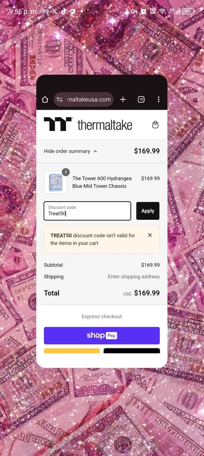 Thermaltake USA promo code screenshot showing code Treat50 applied at Thermaltake USA checkout page. Uploaded by SimplyCodes community member enzothomas on Nov 16, 2024