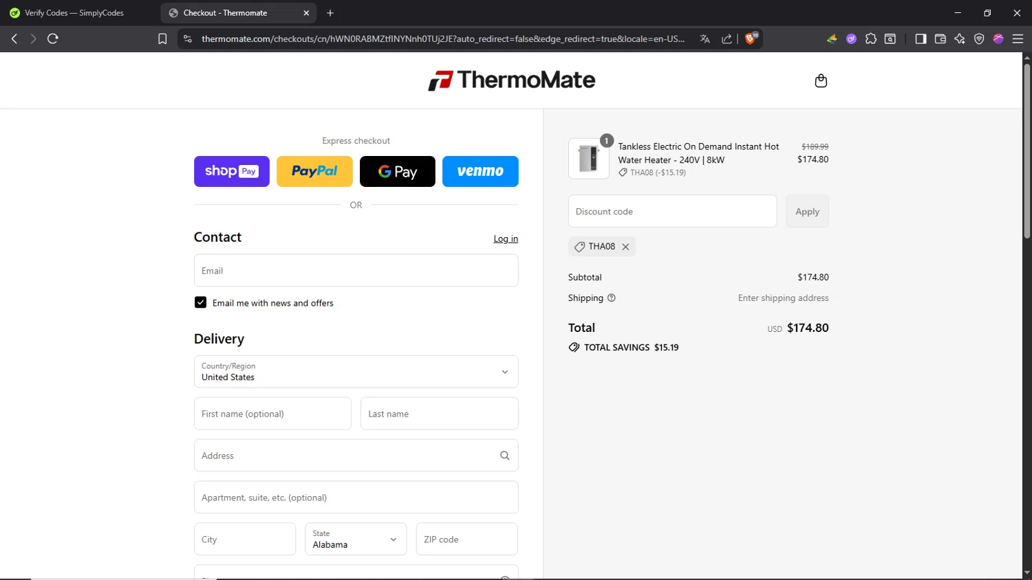Thermomate promo code screenshot showing code THA08 applied at Thermomate checkout page. Uploaded by SimplyCodes community member Morrachida04 on Jul 9, 2025