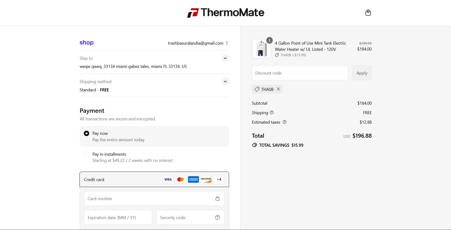 Thermomate promo code screenshot showing code THA08 applied at Thermomate checkout page. Uploaded by SimplyCodes community member Teresa on Aug 30, 2025