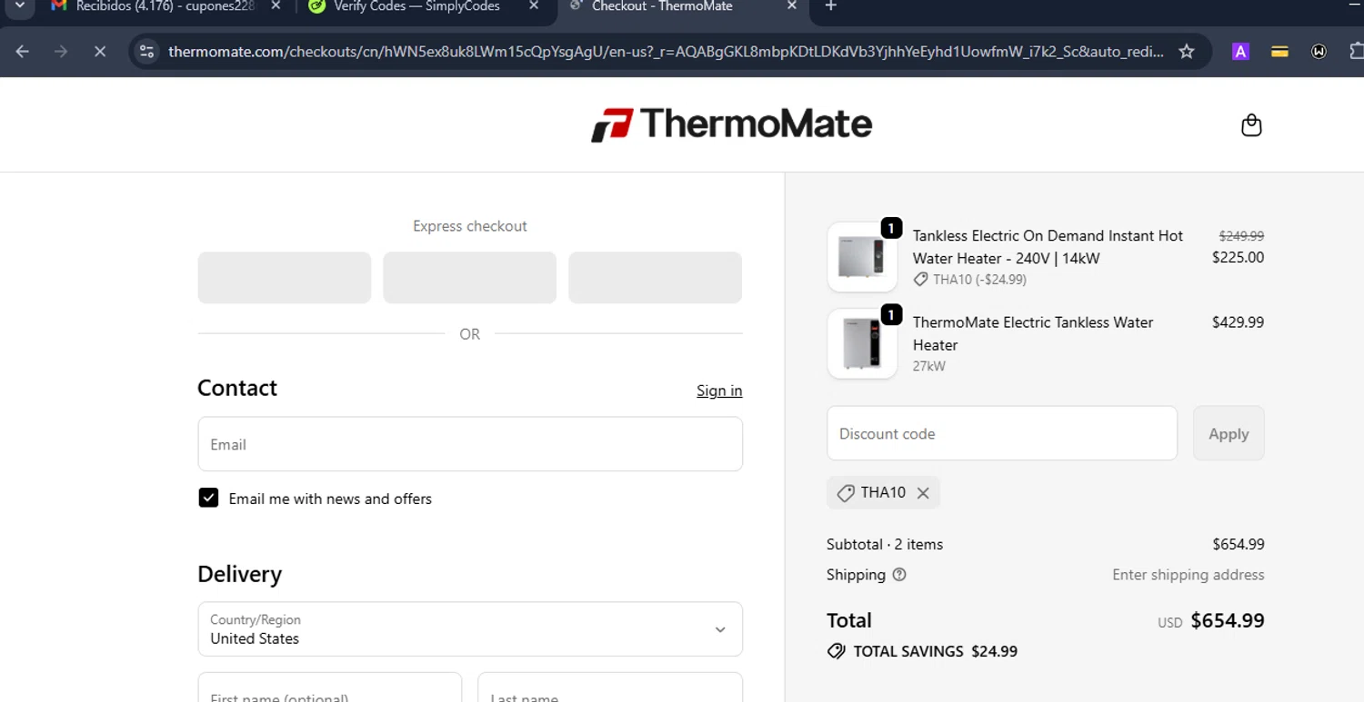 Thermomate promo code screenshot showing code THA10 applied at Thermomate checkout page. Uploaded by SimplyCodes community member Eduard on Nov 24, 2025