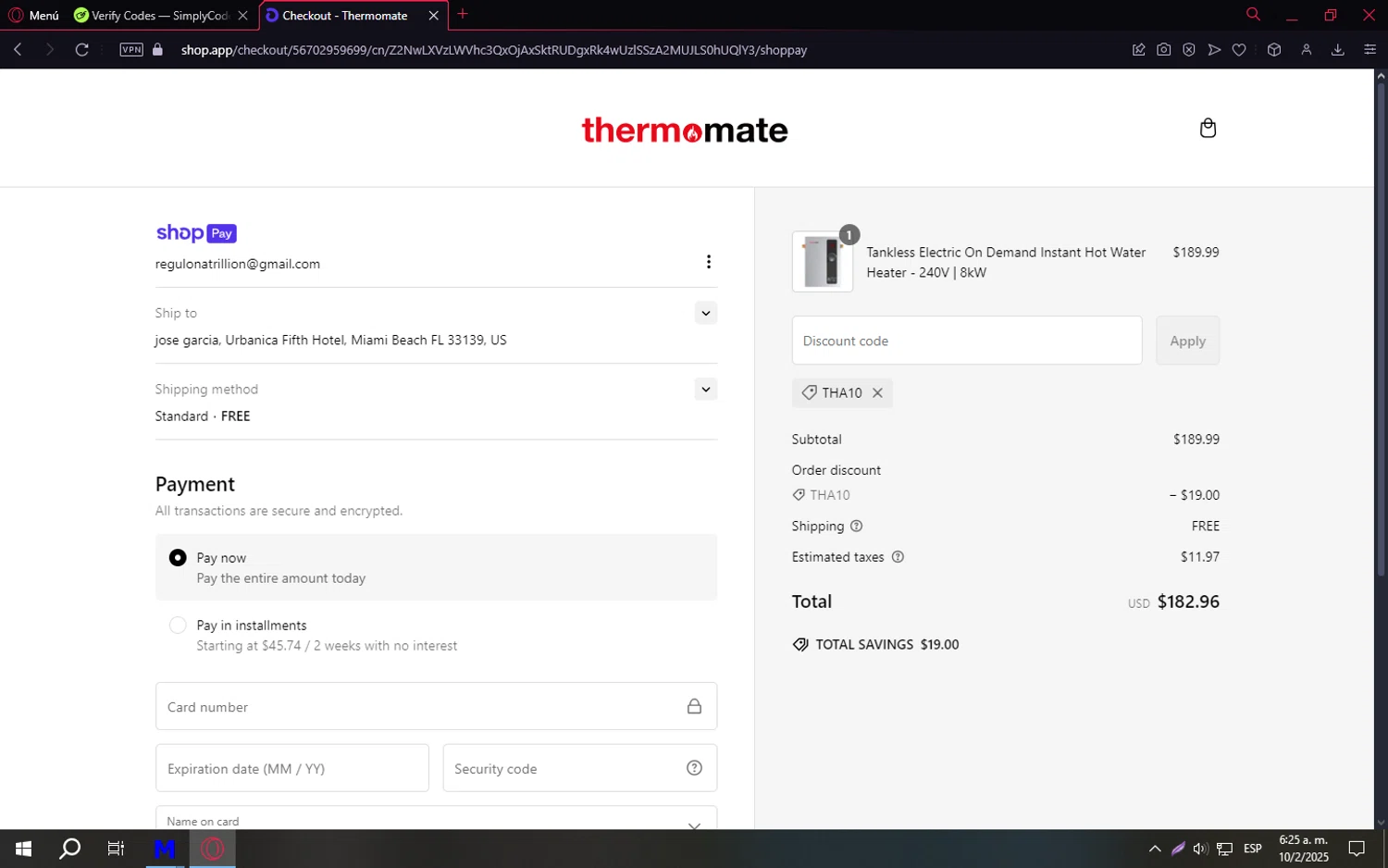 Thermomate promo code screenshot showing code THA10 applied at Thermomate checkout page. Uploaded by SimplyCodes community member TreasureCaptain9598 on Feb 10, 2025