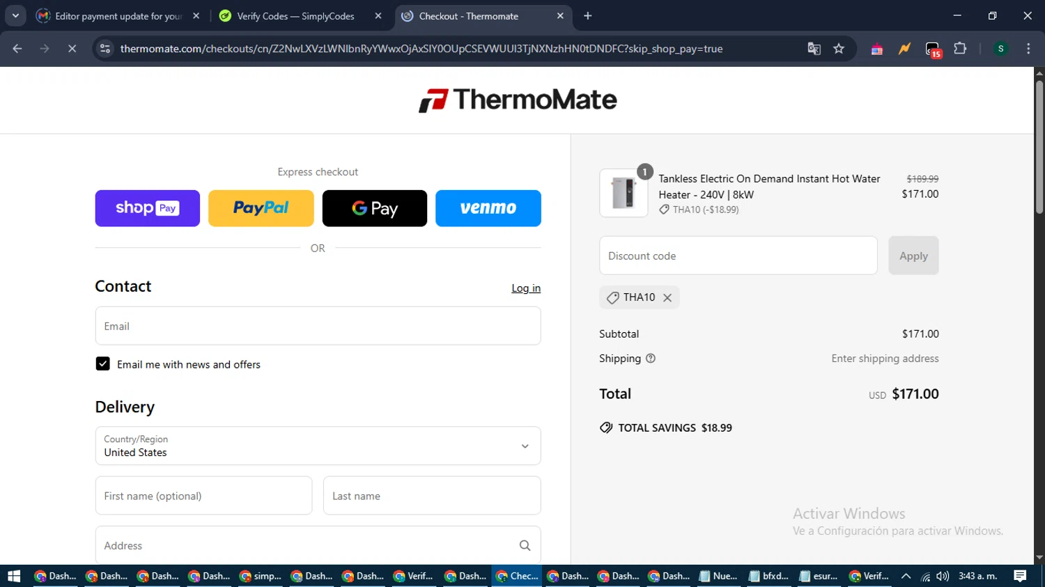 Thermomate promo code screenshot showing code THA10 applied at Thermomate checkout page. Uploaded by SimplyCodes community member ShrewdAce7935 on May 13, 2025