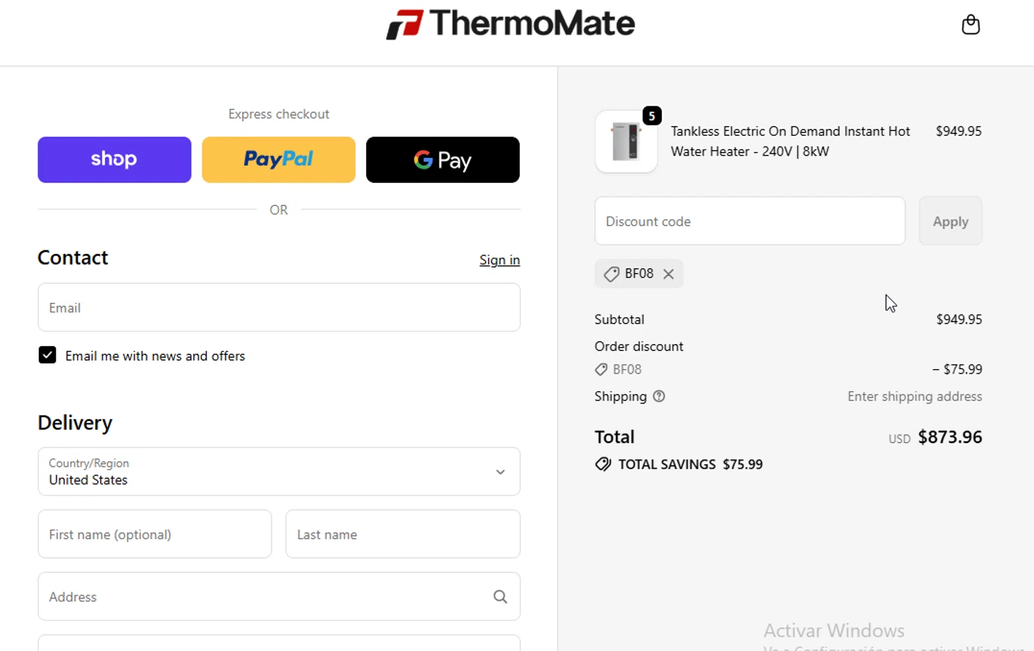 Thermomate promo code screenshot showing code BF08 applied at Thermomate checkout page. Uploaded by SimplyCodes community member BudgetGuardian5712 on Nov 29, 2025