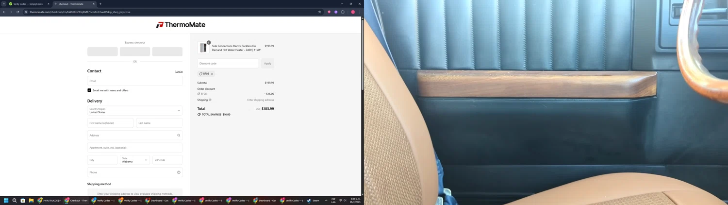 Thermomate promo code screenshot showing code BF08 applied at Thermomate checkout page. Uploaded by SimplyCodes community member TreasureWarden457 on Jul 18, 2025