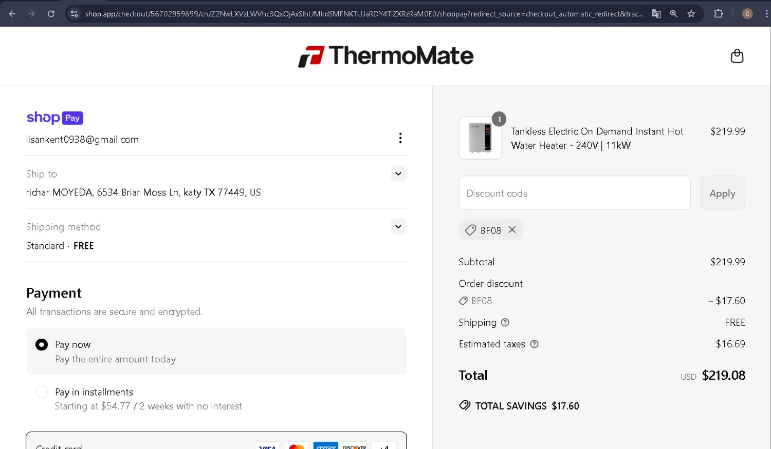 Thermomate promo code screenshot showing code BF08 applied at Thermomate checkout page. Uploaded by SimplyCodes community member carlosra07 on Jun 15, 2025