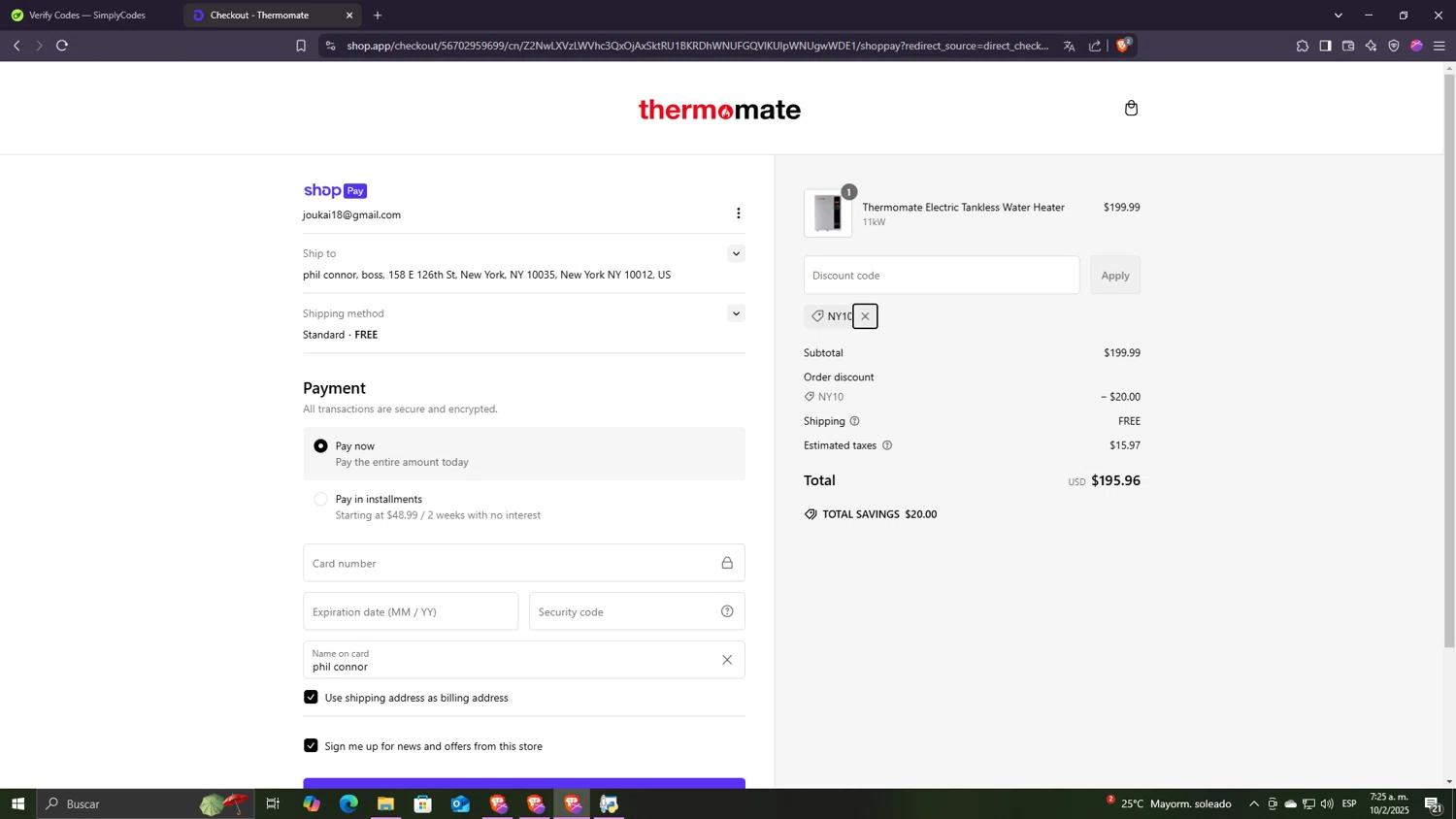 Thermomate promo code screenshot showing code NY10 applied at Thermomate checkout page. Uploaded by SimplyCodes community member Despechao on Feb 10, 2025