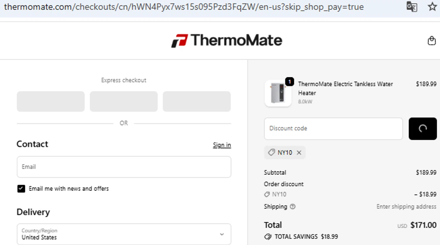 Thermomate promo code screenshot showing code NY10 applied at Thermomate checkout page. Uploaded by SimplyCodes community member PennyOwl2559 on Oct 22, 2025