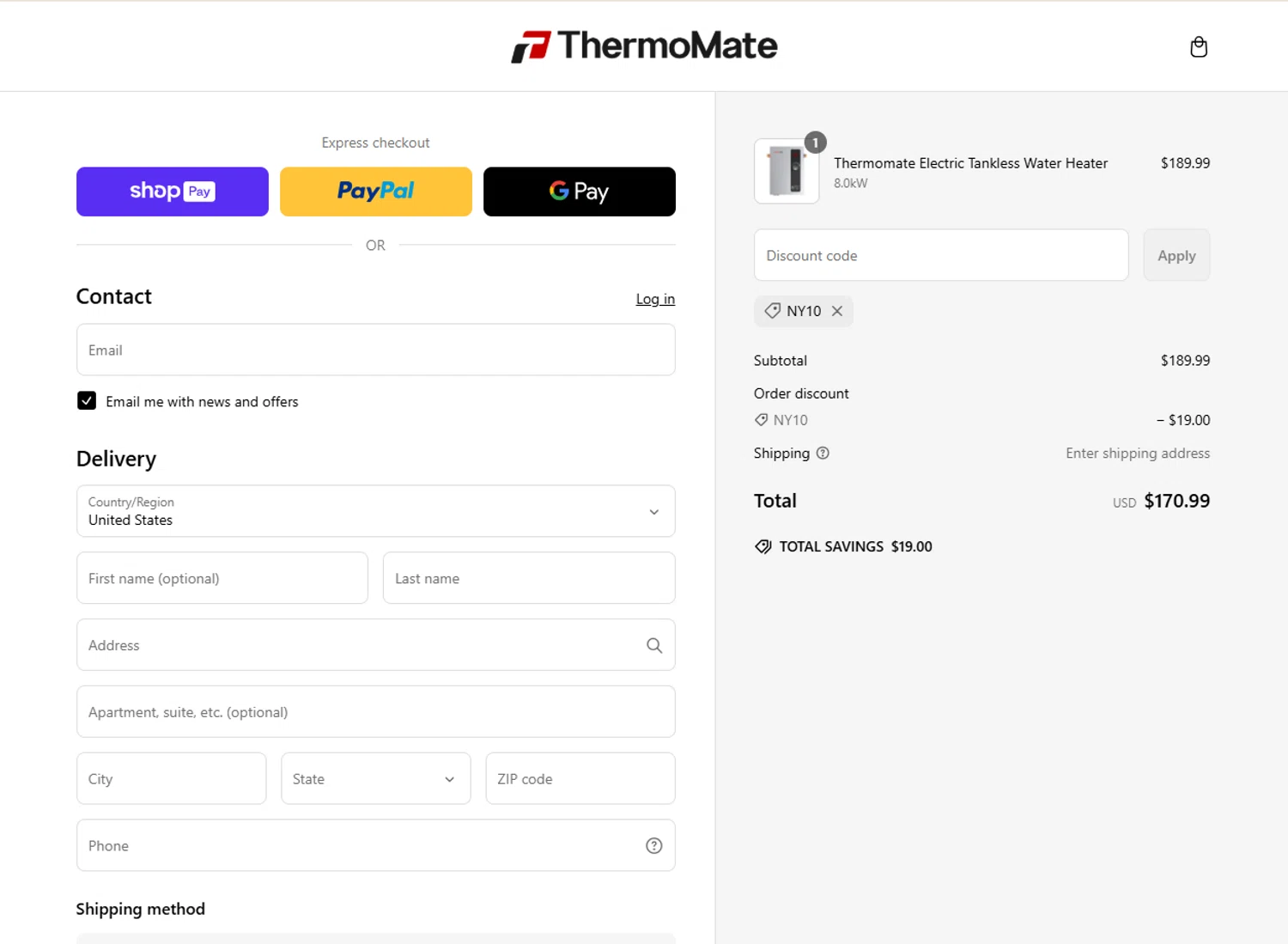 Thermomate promo code screenshot showing code NY10 applied at Thermomate checkout page. Uploaded by SimplyCodes community member ShieldScout6572 on Mar 11, 2025