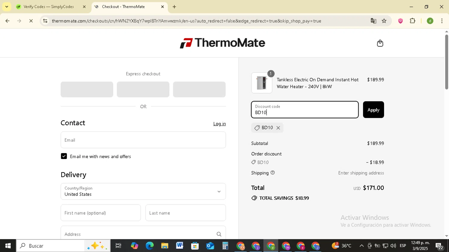 Thermomate promo code screenshot showing code BD10 applied at Thermomate checkout page. Uploaded by SimplyCodes community member SavingsSentinel833 on Sep 3, 2025