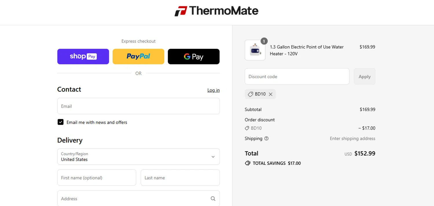 Thermomate promo code screenshot showing code BD10 applied at Thermomate checkout page. Uploaded by SimplyCodes community member juanisaac on Jul 9, 2025