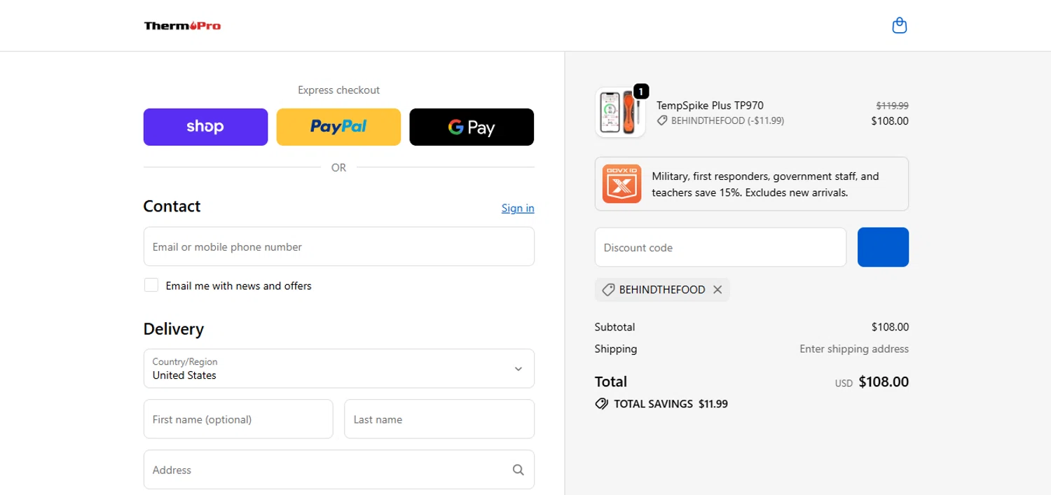 ThermoPro promo code screenshot showing code BEHINDTHEFOOD applied at ThermoPro checkout page. Uploaded by SimplyCodes community member juanisaac on Mar 11, 2026