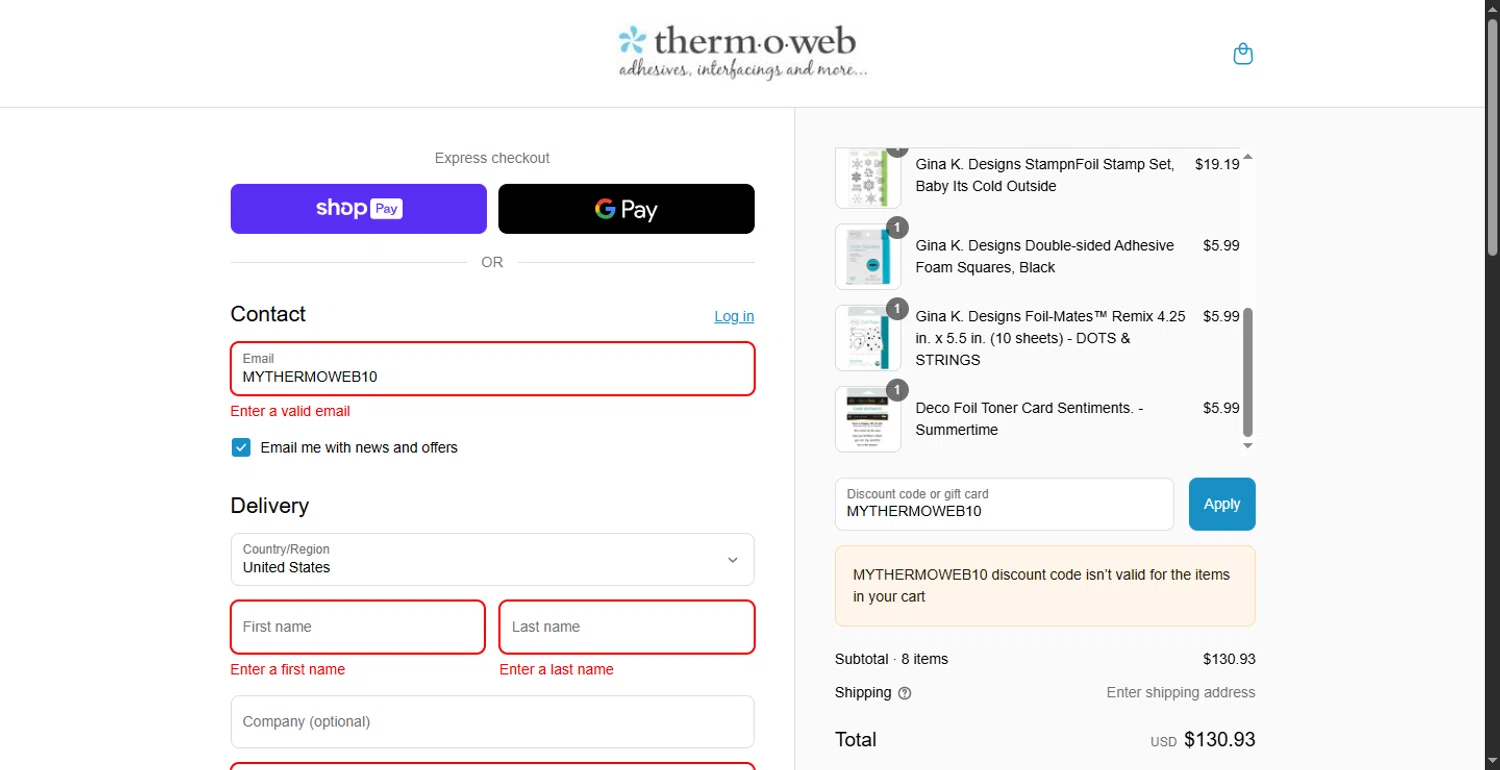 Therm O Web promo code screenshot showing code MYTHERMOWEB10 applied at Therm O Web checkout page. Uploaded by SimplyCodes community member DiscountTracker247 on Aug 17, 2025