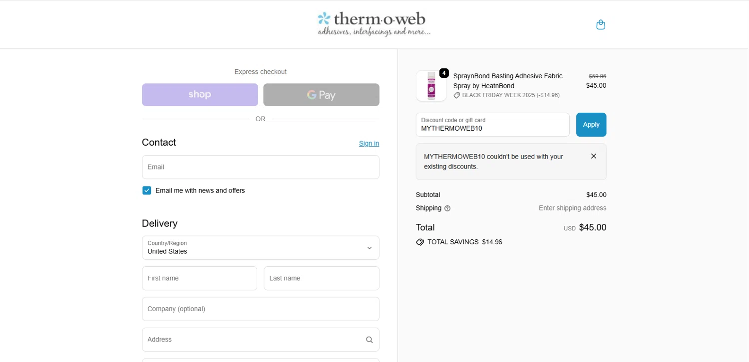 Therm O Web promo code screenshot showing code MYTHERMOWEB10 applied at Therm O Web checkout page. Uploaded by SimplyCodes community member TOTONEROFL on Nov 30, 2025