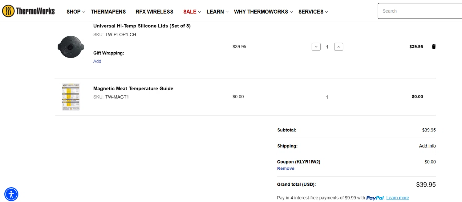 ThermoWorks promo code screenshot showing code KLYR1IW2 applied at ThermoWorks checkout page. Uploaded by SimplyCodes community member RewardOwl2444 on Mar 16, 2026