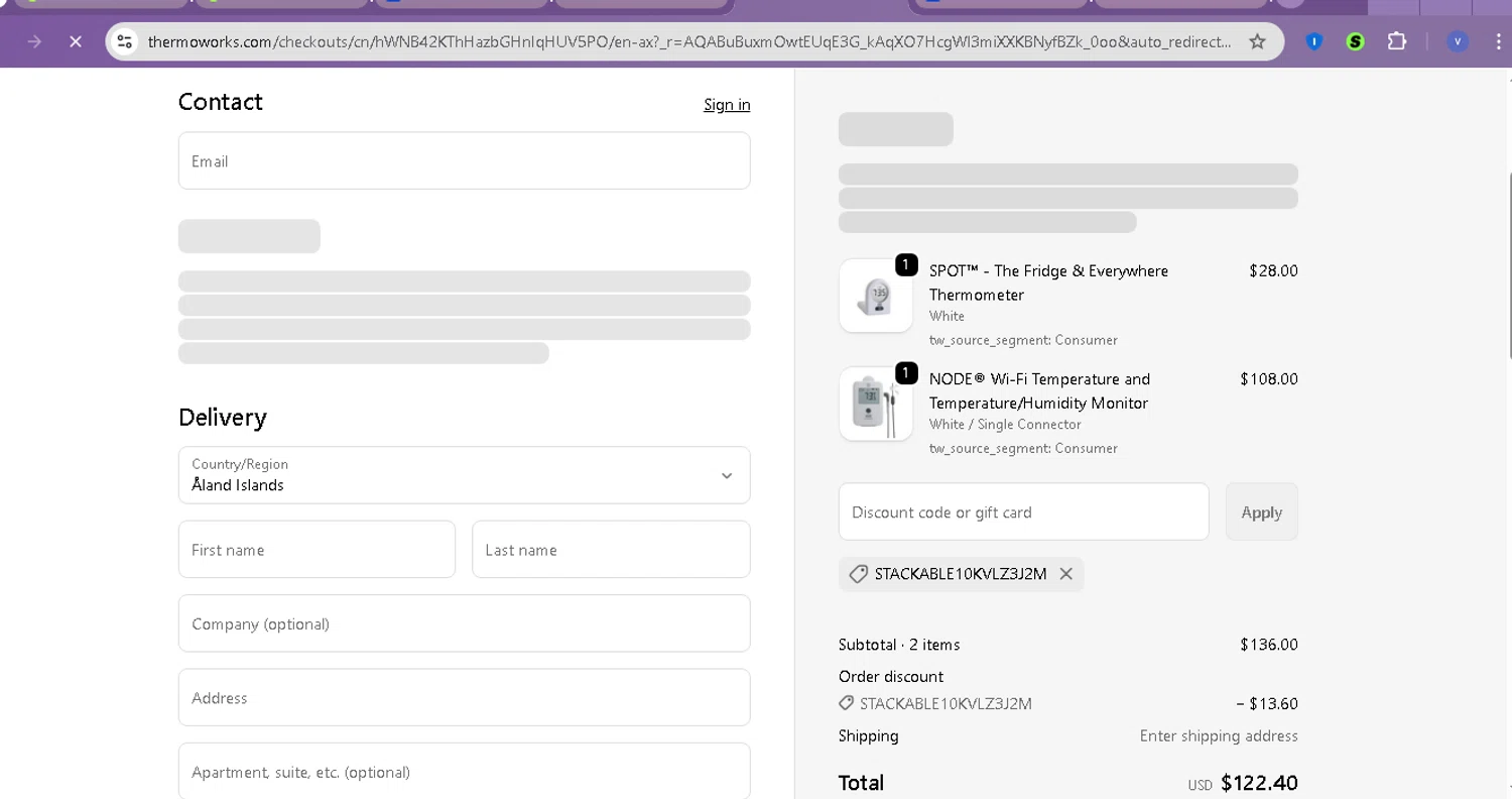 ThermoWorks promo code screenshot showing code Stackable10KVLZ3J2M applied at ThermoWorks checkout page. Uploaded by SimplyCodes community member beatrizcastillo on Apr 15, 2026