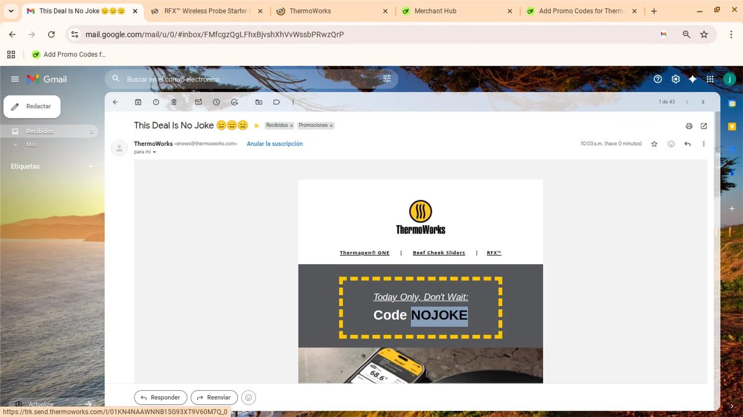 ThermoWorks promo code screenshot showing code NOJOKE applied at ThermoWorks checkout page. Uploaded by SimplyCodes community member yennifergonzalez on Apr 1, 2026