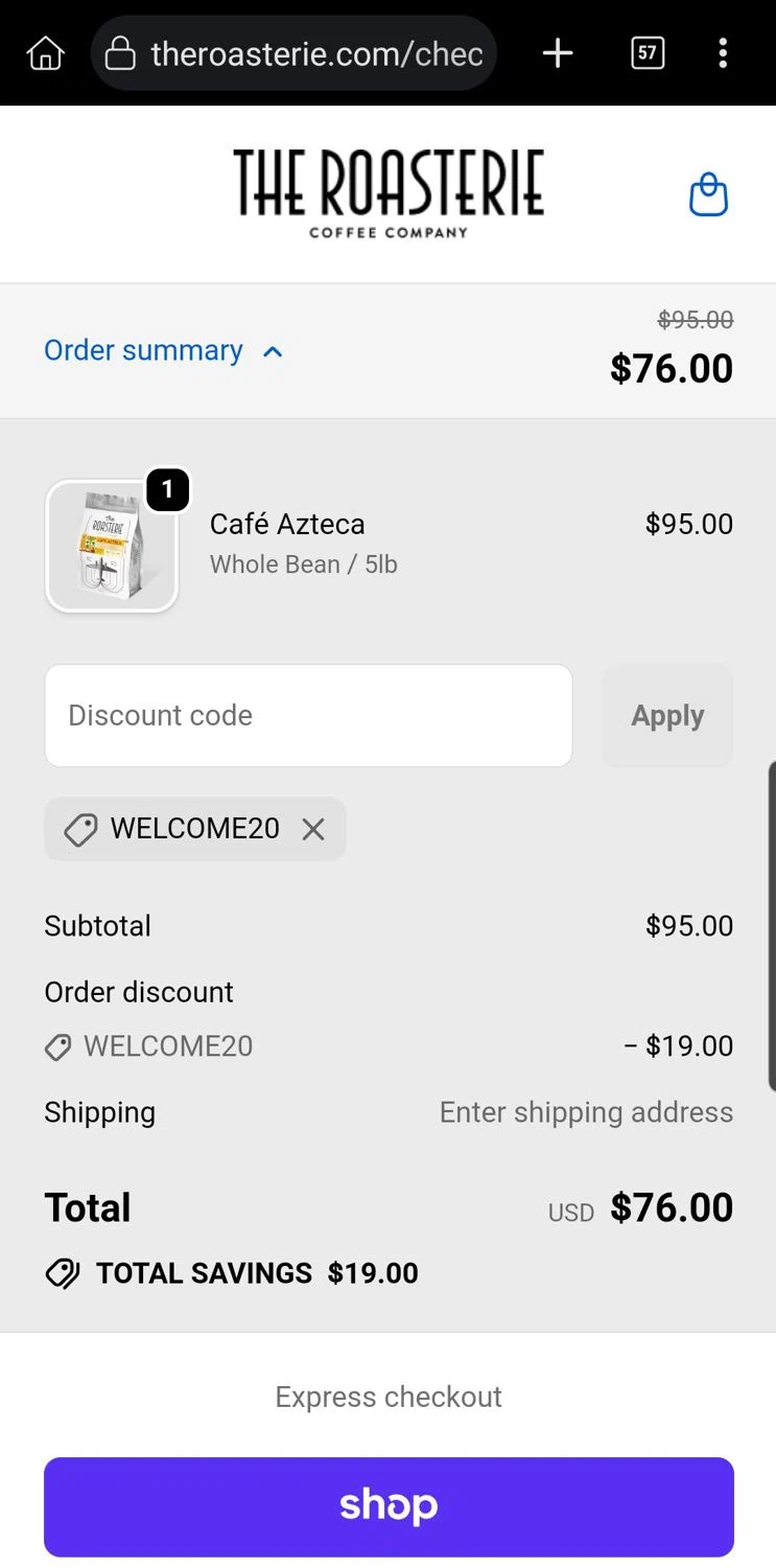 The Roasterie coupon code screenshot showing code WELCOME20 applied at The Roasterie checkout page. Uploaded by SimplyCodes community member Carloslvz on Sep 25, 2025