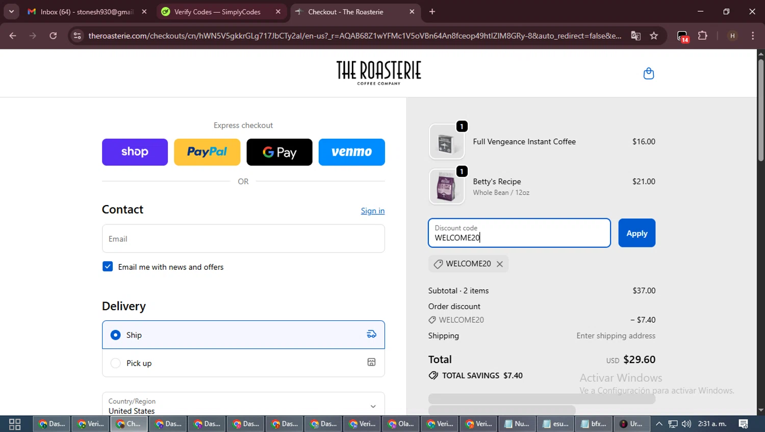 The Roasterie coupon code screenshot showing code WELCOME20 applied at The Roasterie checkout page. Uploaded by SimplyCodes community member VictoriousPioneer8823 on Nov 20, 2025