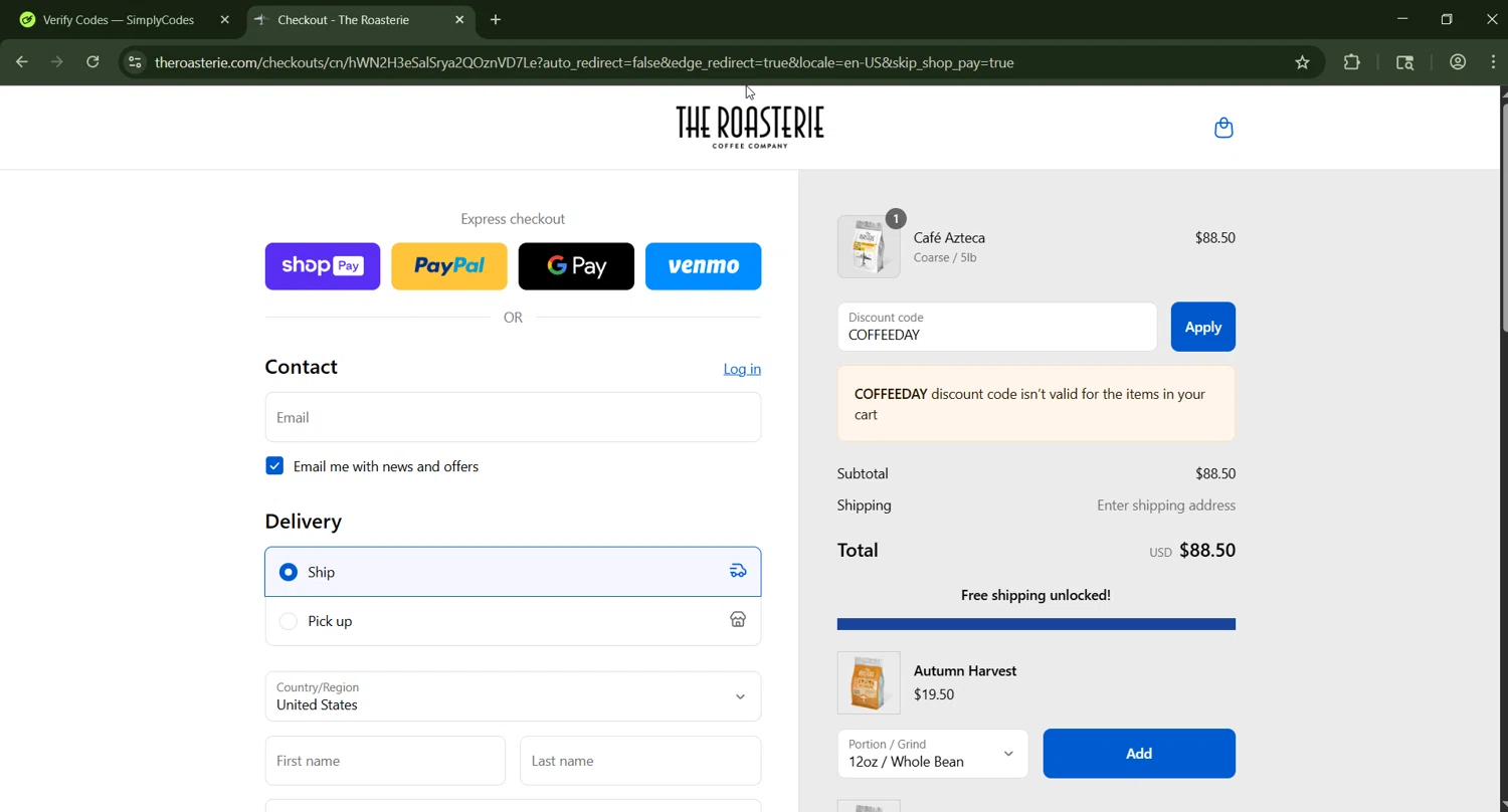 The Roasterie coupon code screenshot showing code COFFEEDAY applied at The Roasterie checkout page. Uploaded by SimplyCodes community member CashWizard4502 on Aug 27, 2025
